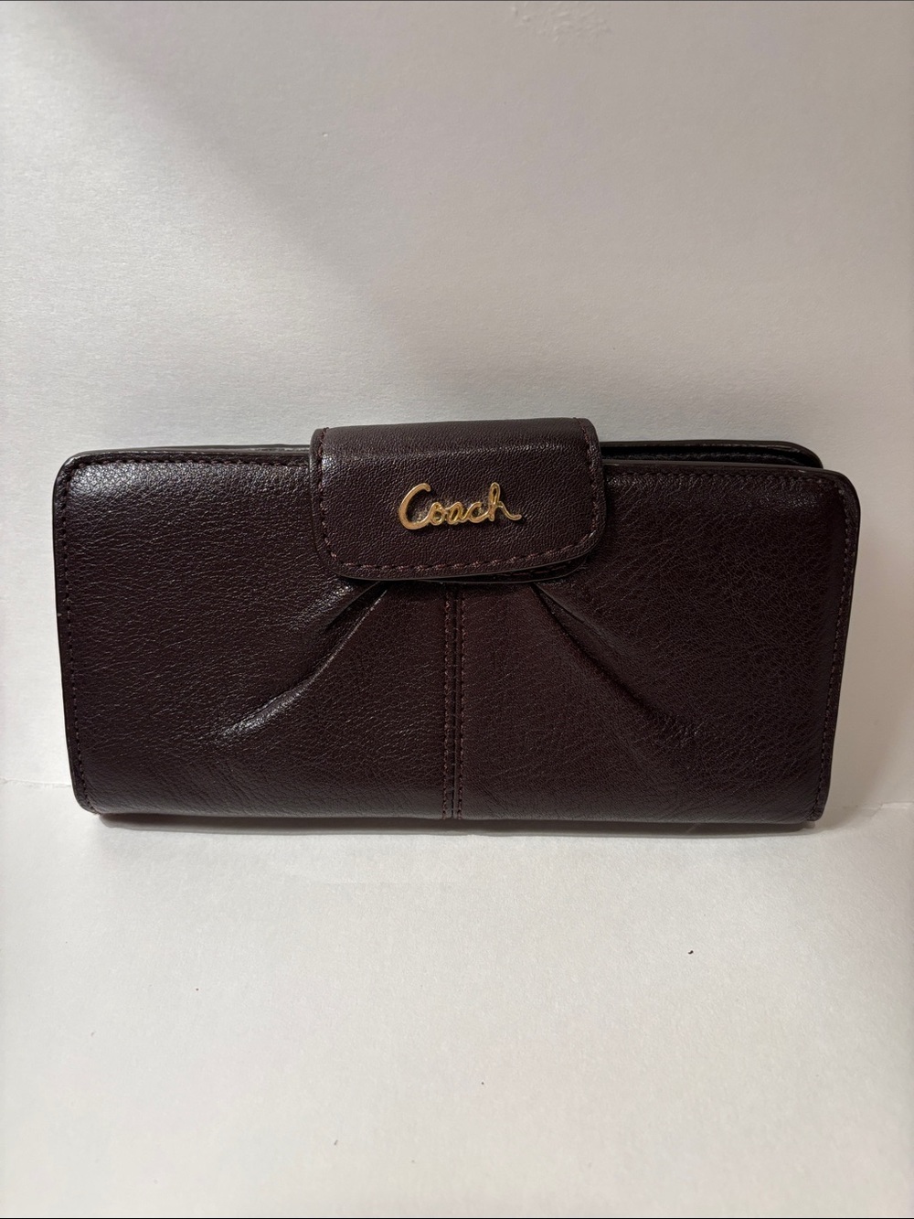 Coach Dark Brown Leather Clutch Wallet with Gold Script Logo